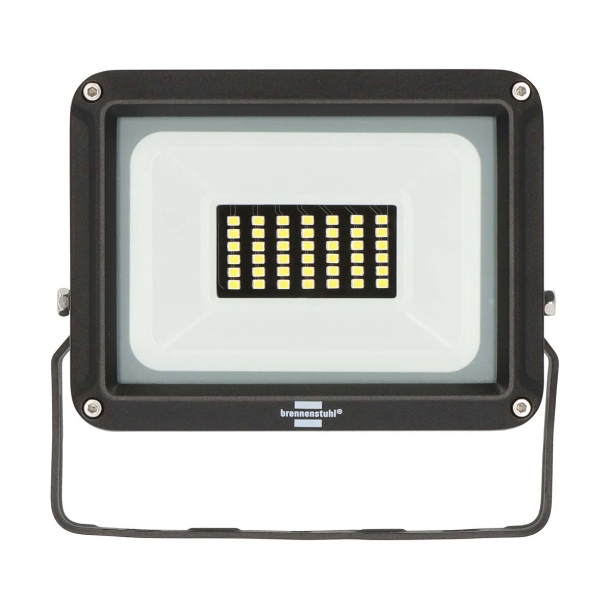 Un proiettore rettangolare nero con pannello luminoso bianco e cornice nera. Ha una maniglia.