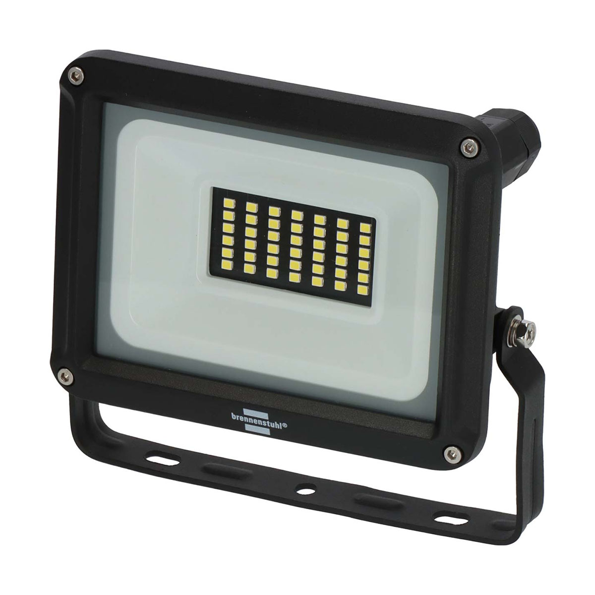 Un proiettore nero con un pannello luminoso bianco e una staffa per il montaggio.
