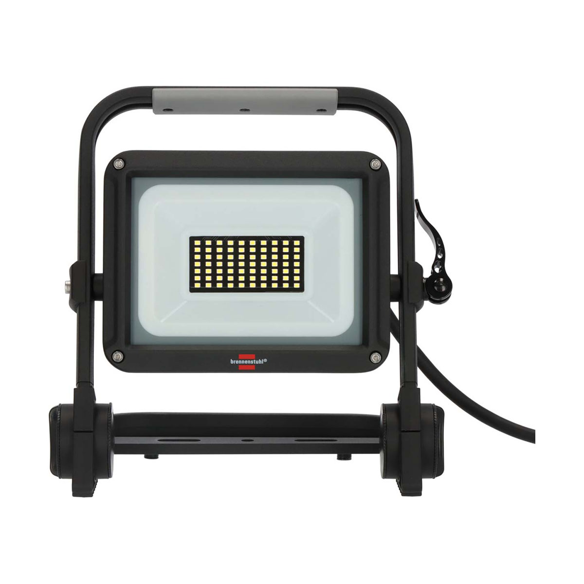 Luce da lavoro nera con maniglia, sorgente luminosa rettangolare e telaio nero.