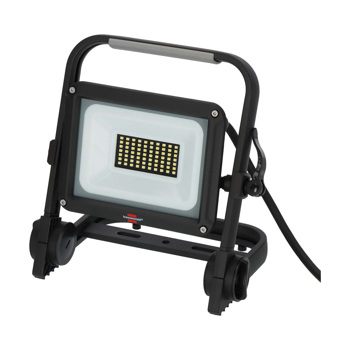 Lampada da lavoro nera con maniglia e ruote, su sfondo bianco.