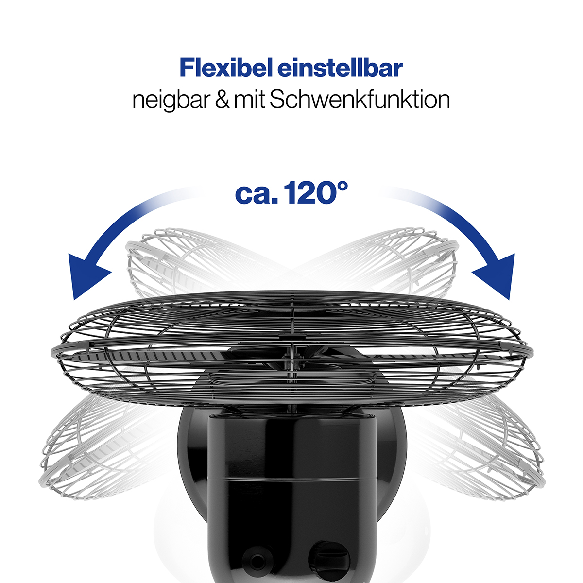 Un ventilatore nero con una gabbia che si muove. Le frecce indicano un'oscillazione di 120 gradi. Il ventilatore è su un supporto nero.
