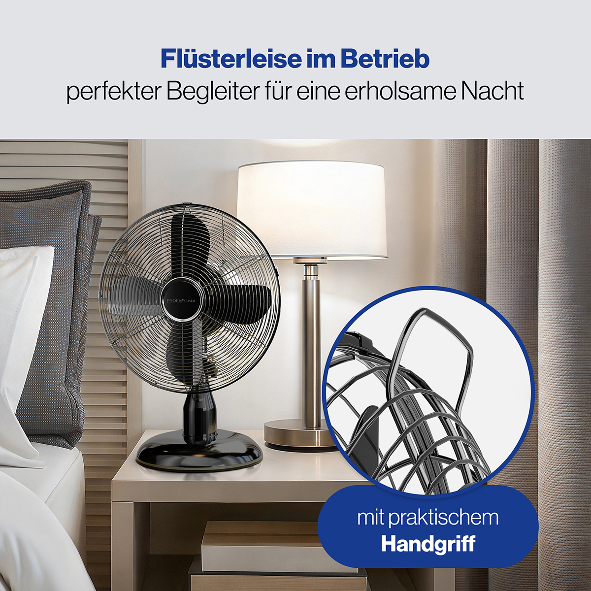 Ventilatore nero su un comodino accanto a una lampada, con sovrapposizione di testo e primo piano.
