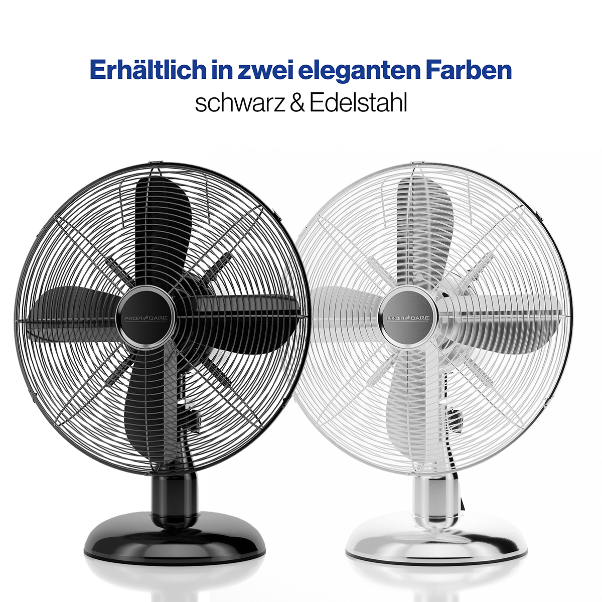 Due ventilatori vintage, uno nero, uno argento. Entrambi hanno lo stesso design e sono su sfondo bianco.