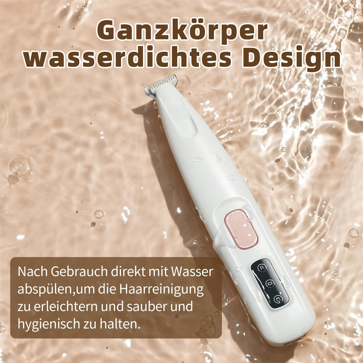Weißer Elektrorasierer im Wasser mit Text, rosa und schwarze Knöpfe, Wassertropfen.
