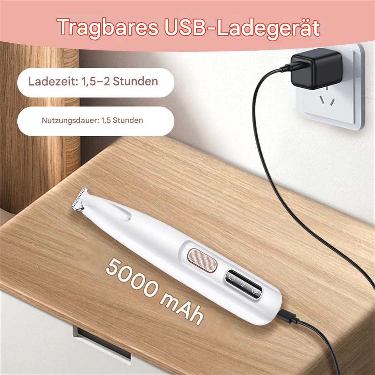 Weiß-schwarzer Trimmer mit Ladestecker. Er zeigt die Ladezeitdetails.