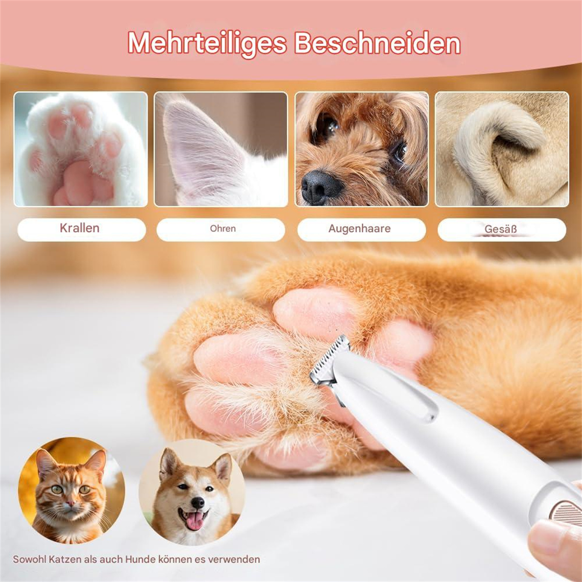Pflege-Werkzeuge für Haustiere, einschließlich Nagelknipser und Trimmer, mit Bildern von Katzen und Hunden.