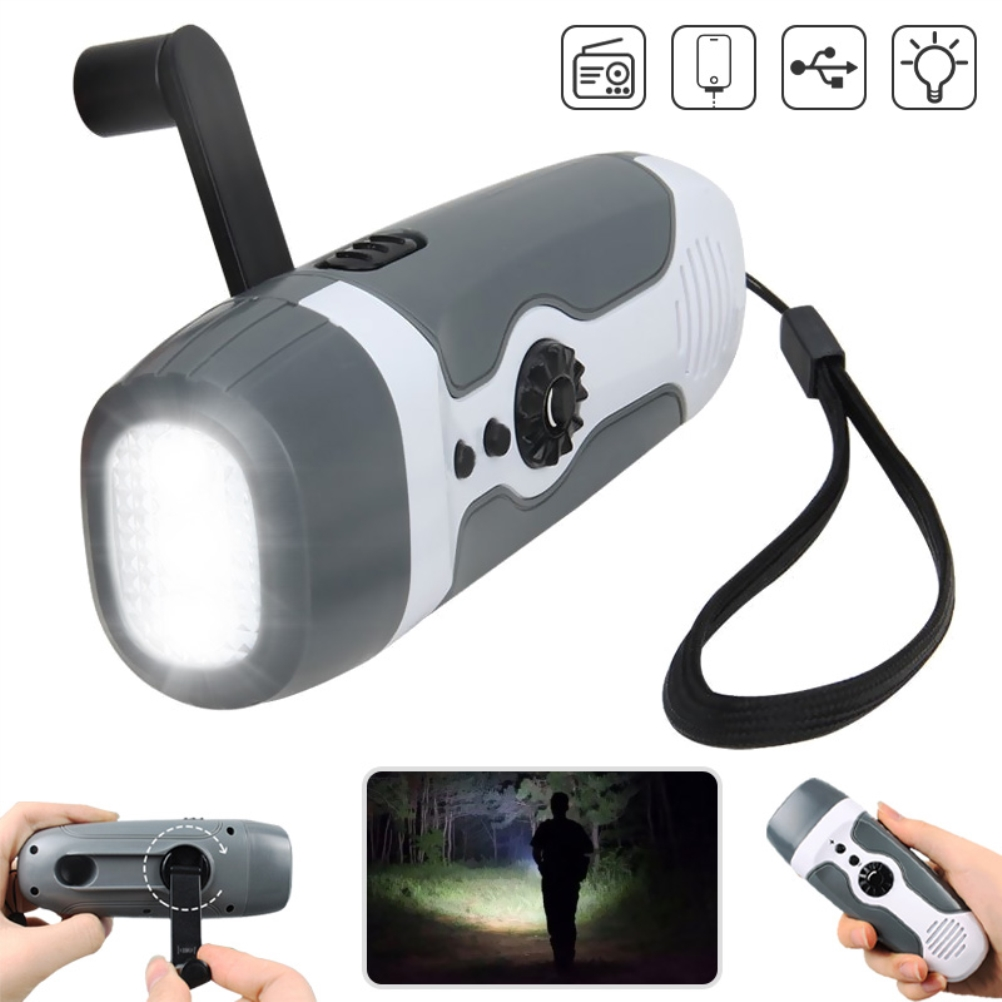 Grau-weiße Handkurbel-Taschenlampe mit zusätzlichen Bildern, die die Funktion zeigen.