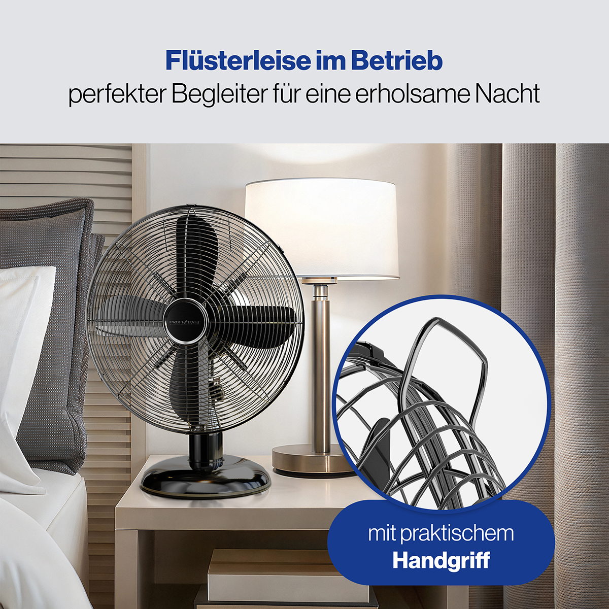 Ventilatore nero su comodino con lampada e testo in tedesco. Dettaglio della maniglia.