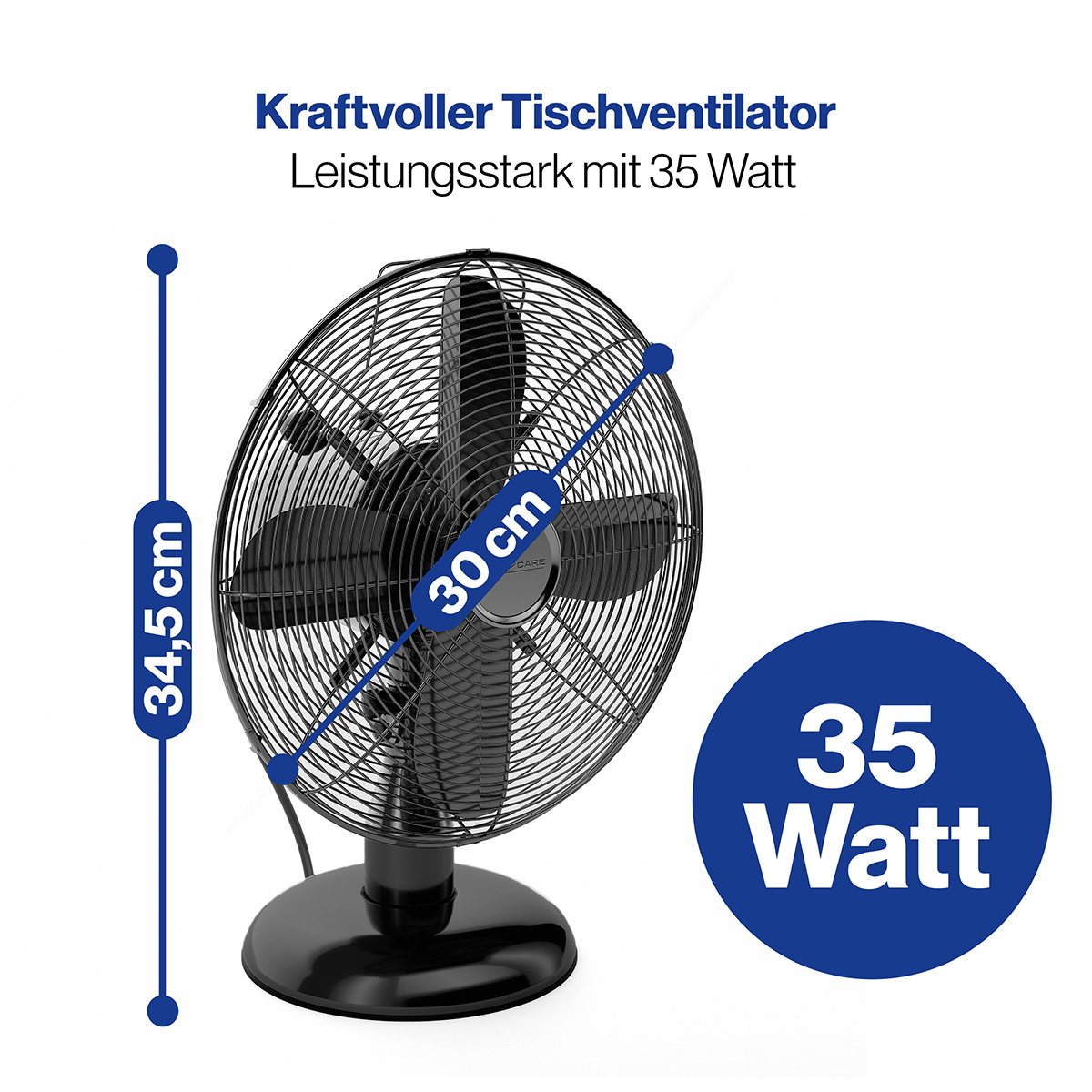 Ventilatore elettrico nero con diametro di 30 cm e altezza di 34,5 cm, che mostra 35 watt.