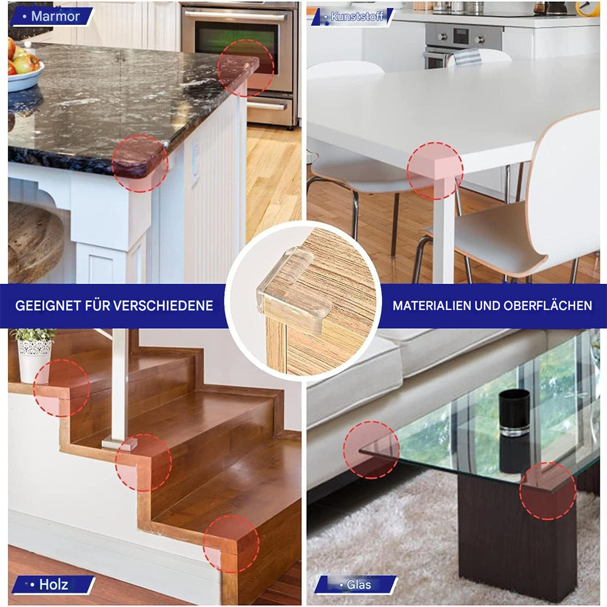 Eckenschützer auf verschiedenen Oberflächen: Marmor, Kunststoff, Holz und Glas.