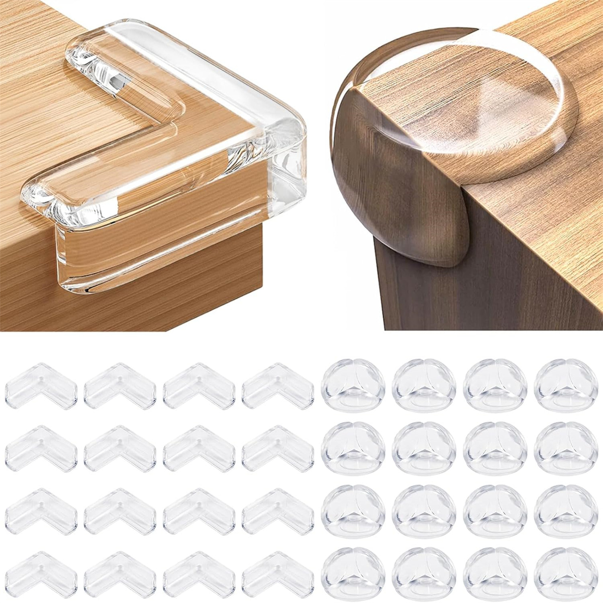 Transparente Eckenschutzvorrichtungen auf Holztischkanten.
