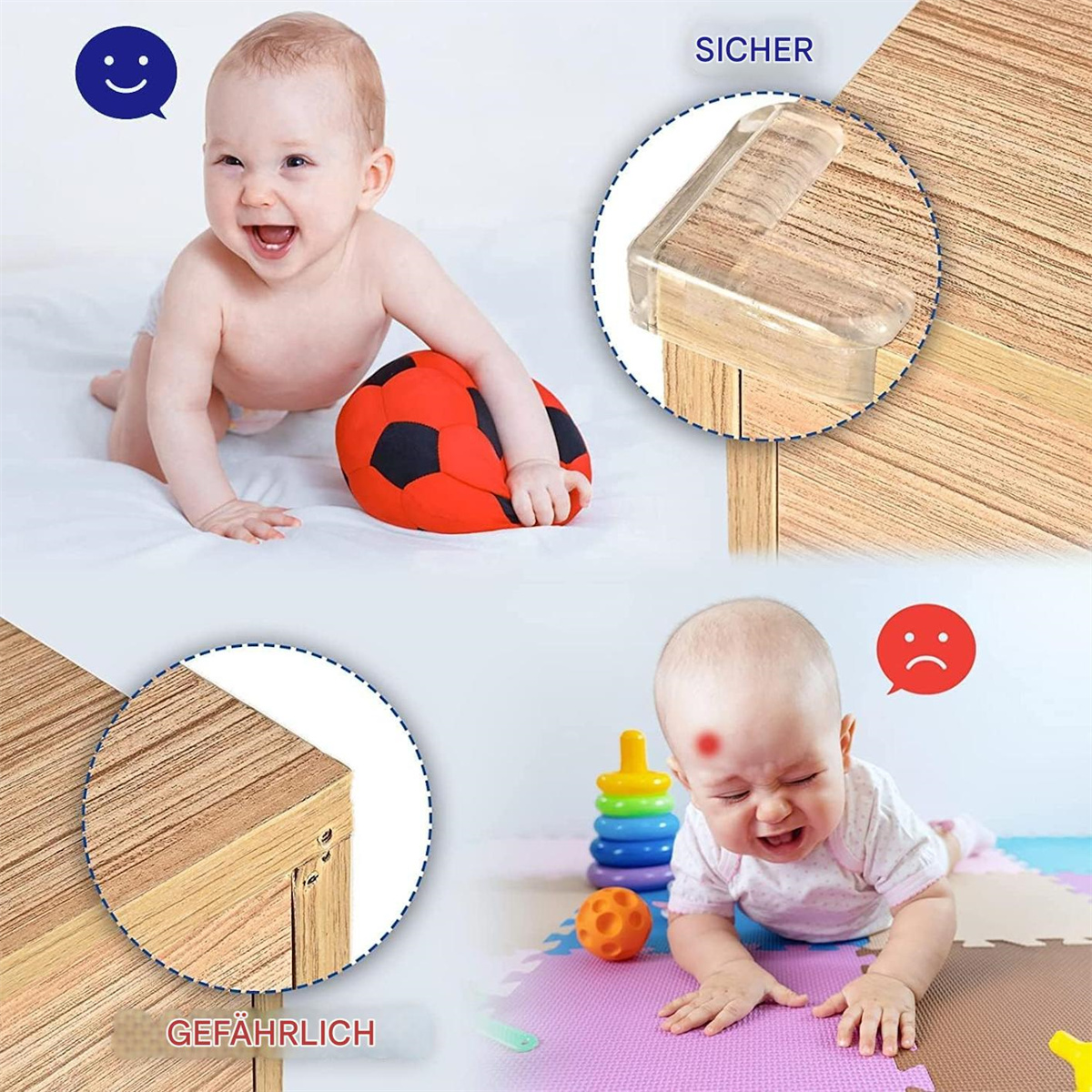 Babys mit rotem Ball und Tischkantenschutz in einer babysicheren Umgebung.