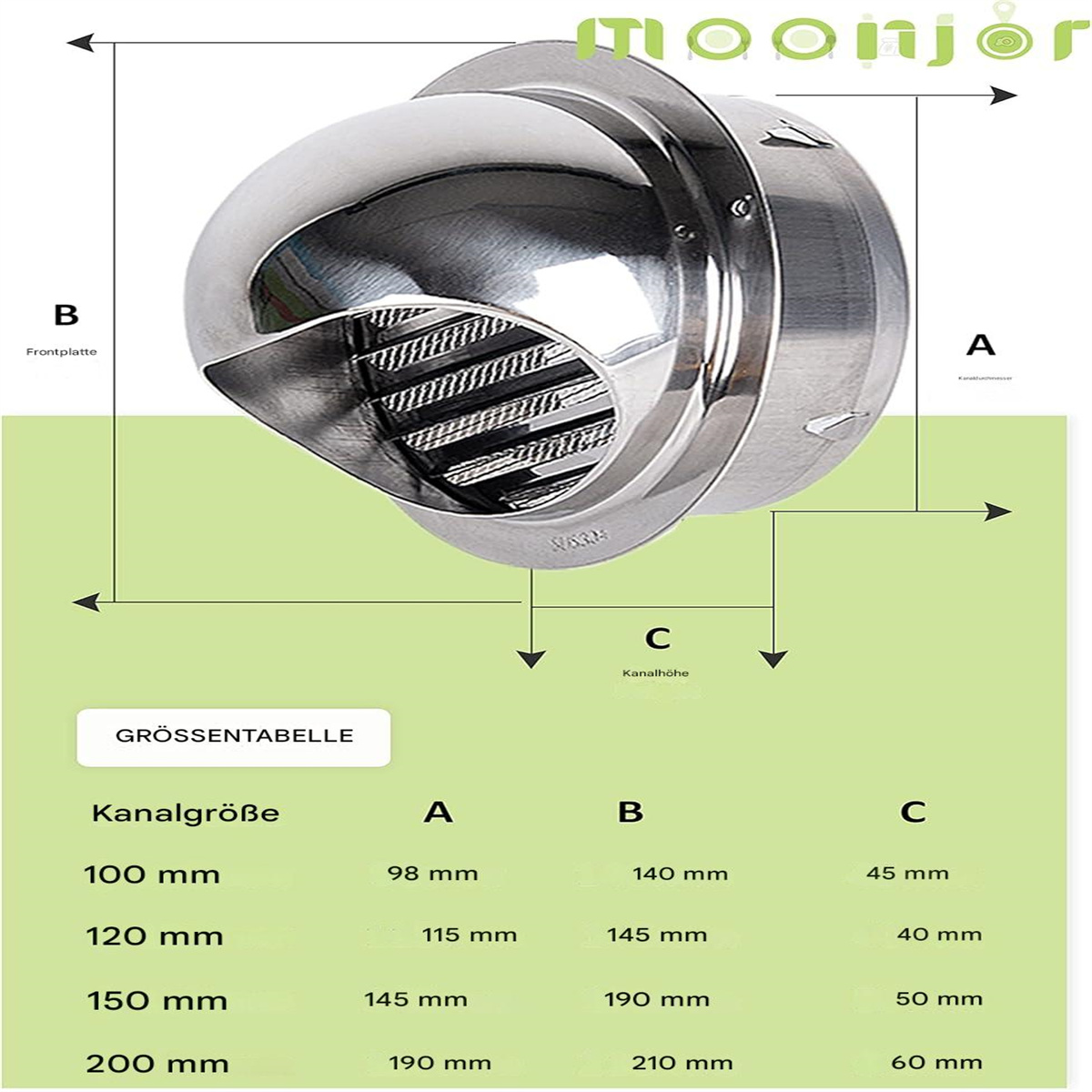 Metallentlüftung mit Maßtabellen. Die Entlüftung ist silberfarben und hat ein einzigartiges Design.
