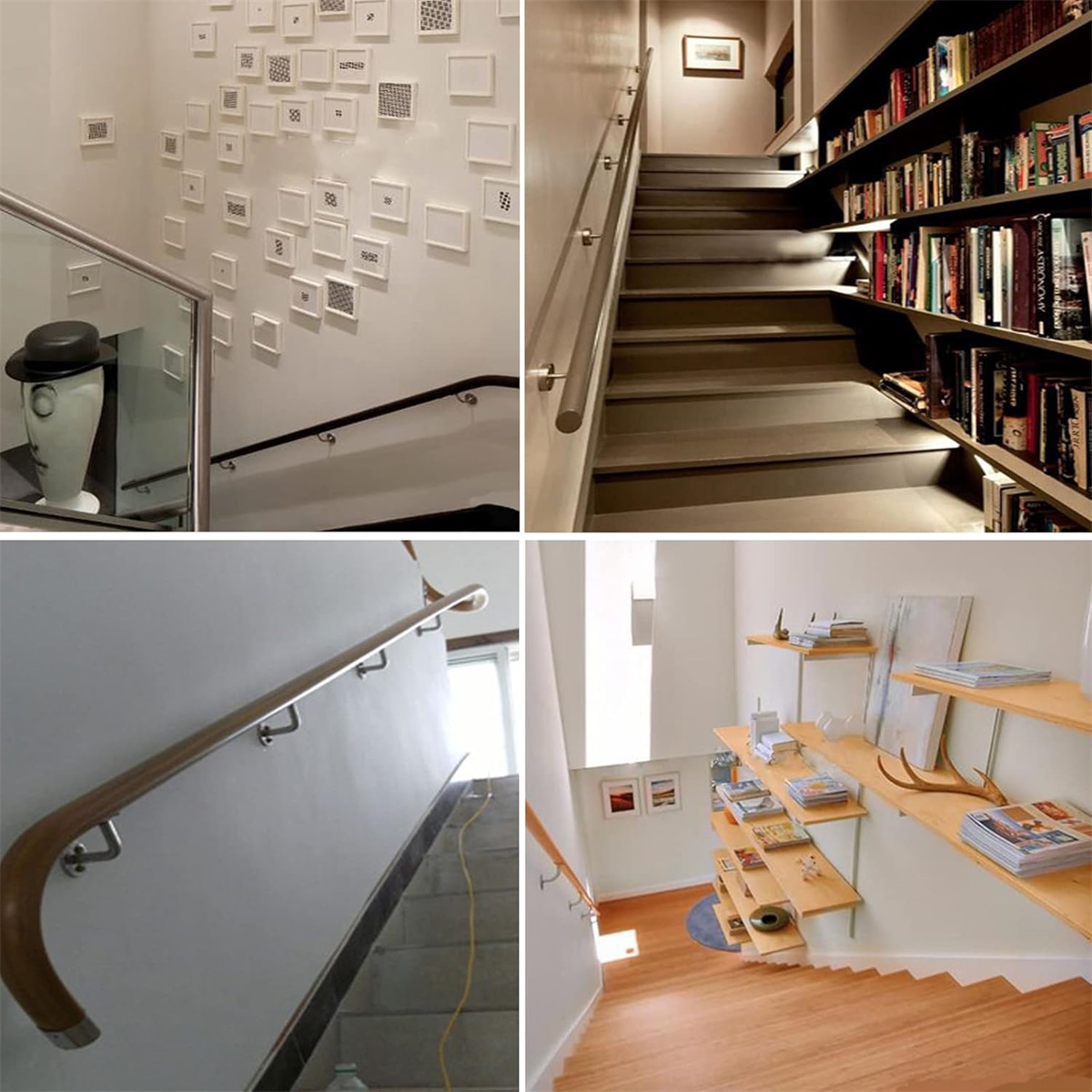 Vier Fotos von Treppenhäusern mit verschiedenen Designs und Dekorationen.