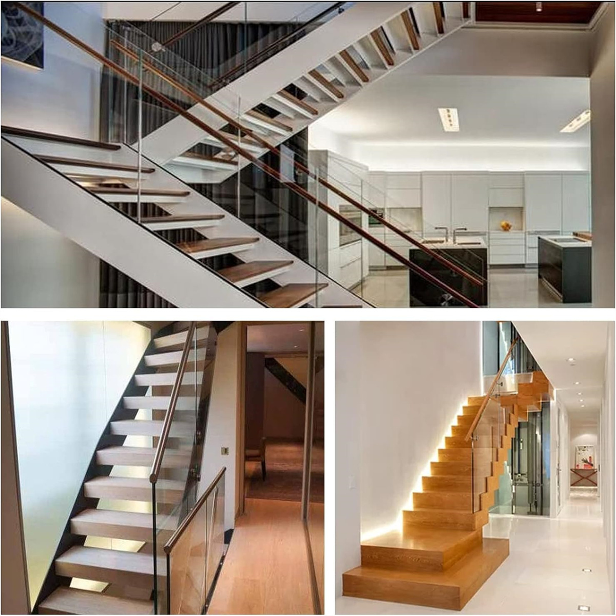 Mehrere Ansichten einer modernen Treppe. Holzstufen, Glasgeländer und natürliches Licht. Weiße und neutrale W ände.