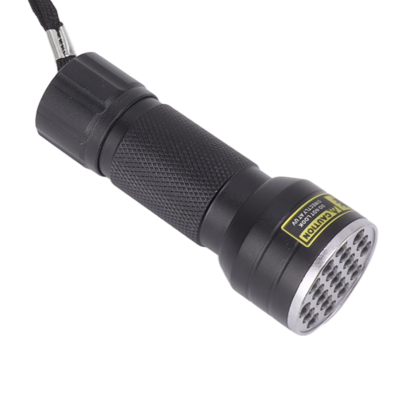 Schwarze UV-Taschenlampe. Silberner Kopf mit vielen kleinen Löchern. Schwarze Handschlaufe.