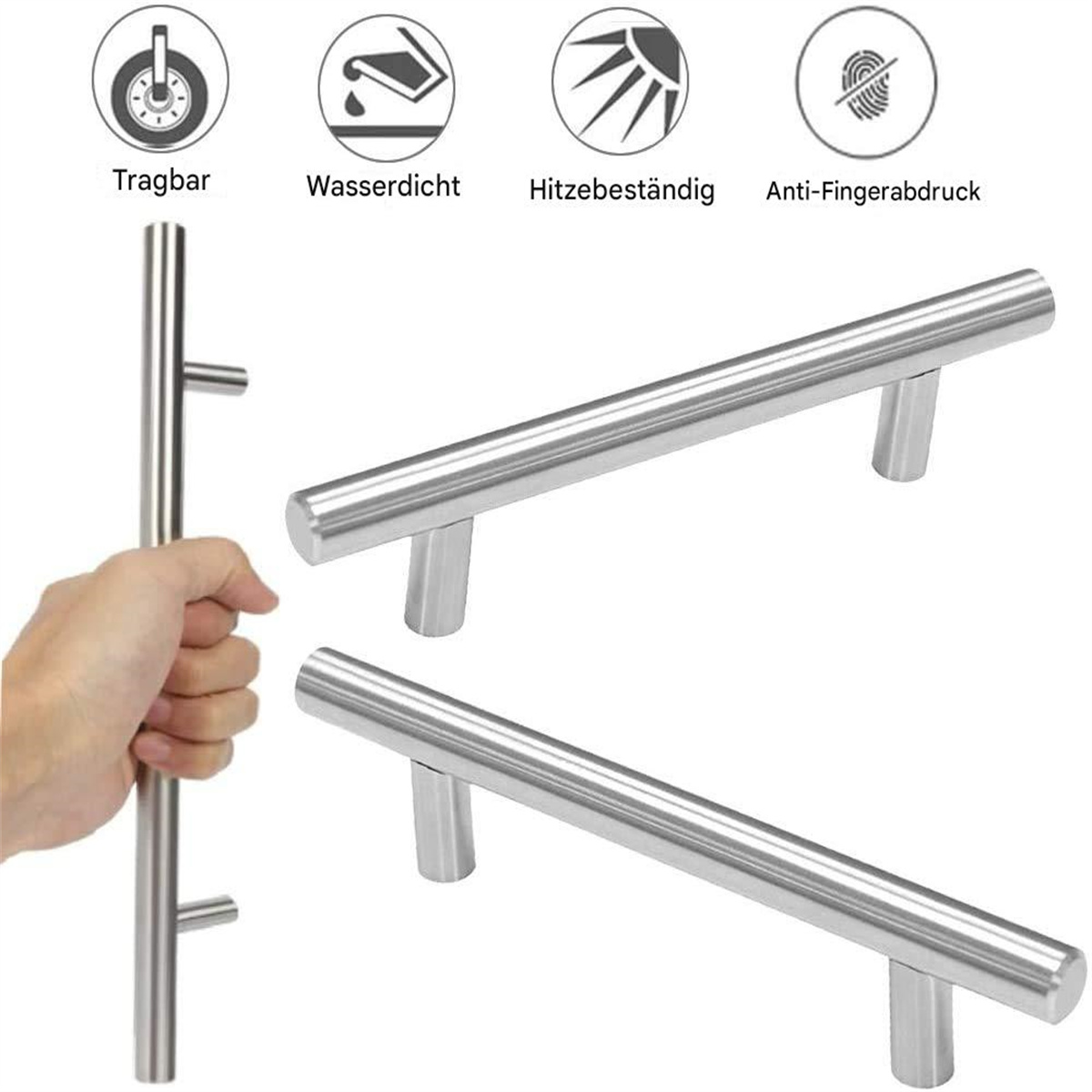 Zwei silberne Schrankgriffe. Eine Hand zeigt auf einen Griff. Symbole für Funktionen sind im Hintergrund.