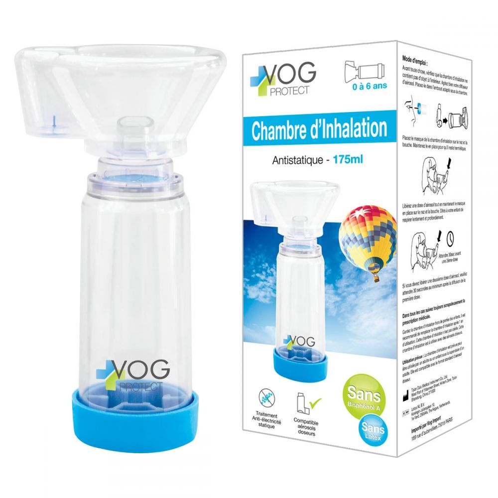 Eine weiß-blaue Inhalationskammer mit einer Box, die Text und ein Bild enthält.
