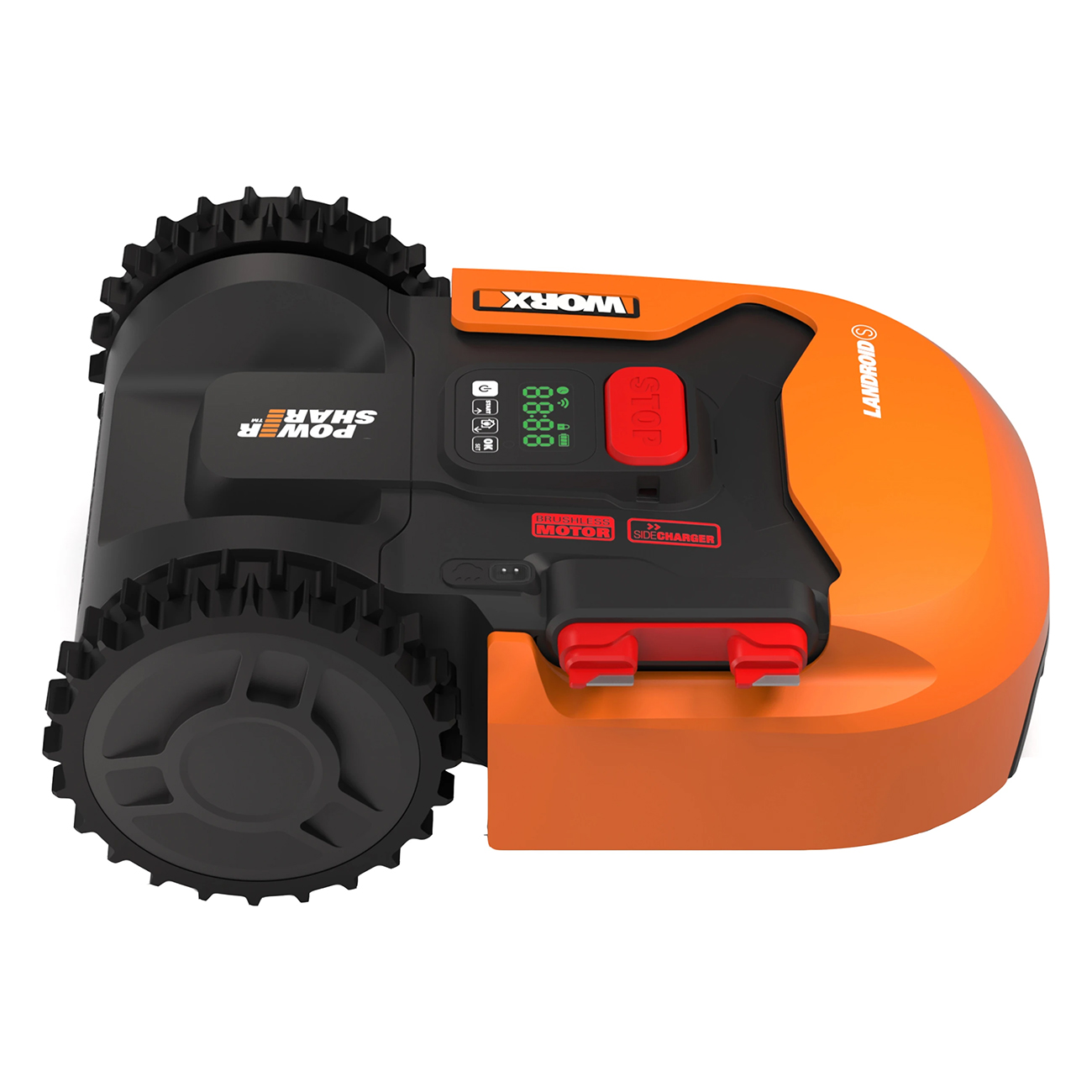 Ein schwarzer und orangefarbener Roboterrasenmäher mit Rädern und einem Ladeanschluss.