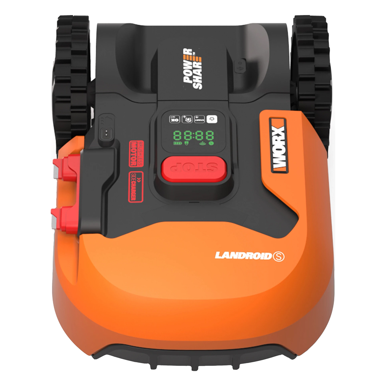 Ein orangefarbener und schwarzer Roboter-Rasenmäher. Er hat Räder, eine Stopptaste und ein digitales Display.