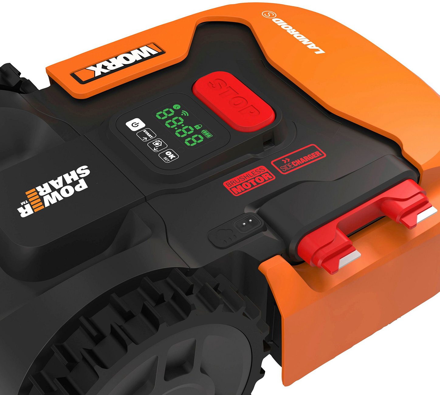 Nahaufnahme eines orange-schwarzen Rasenmähers mit Bedienelementen. Text: Bürstenloser Motor, Stopp.