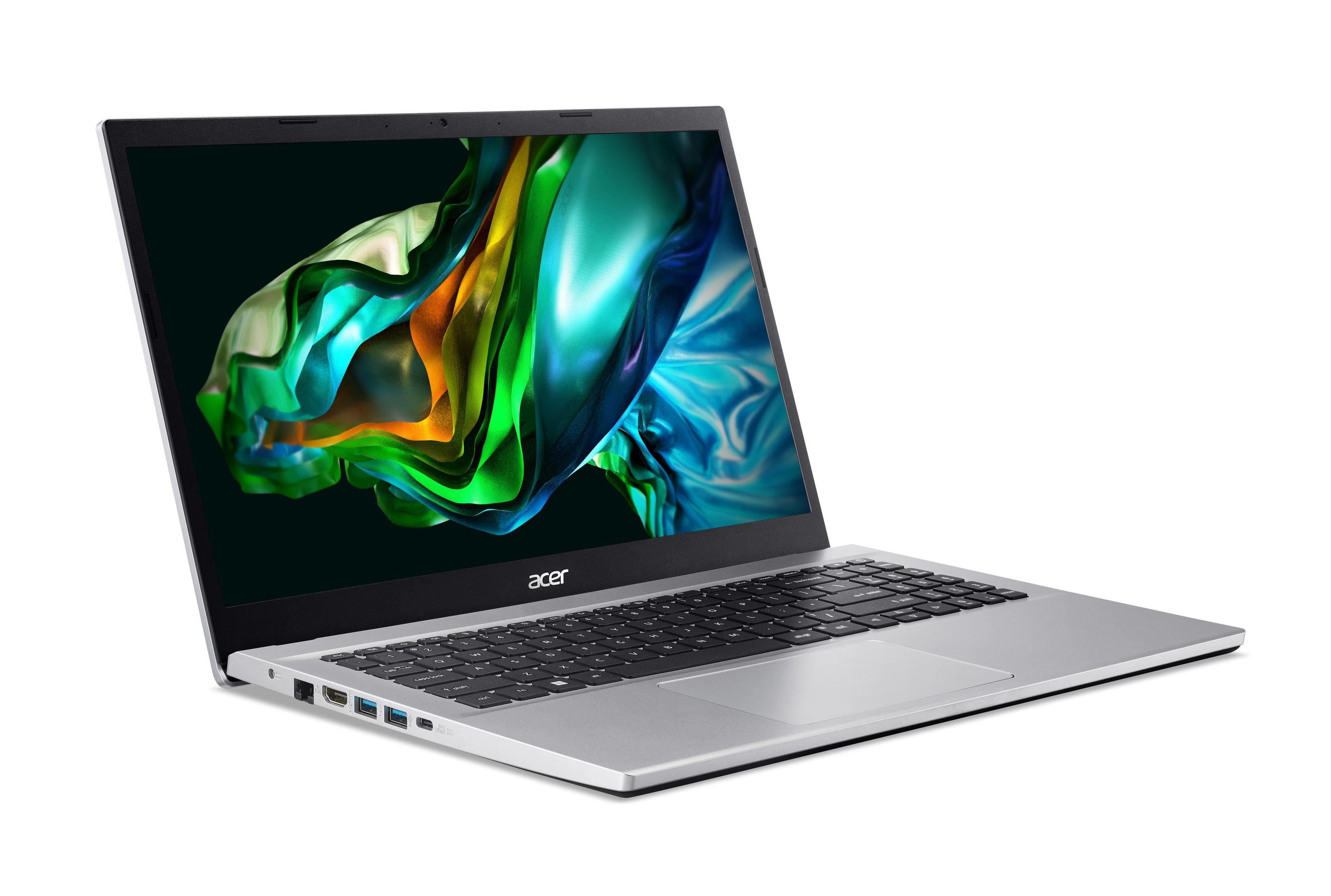 Silberner Laptop mit farbenfrohem Bildschirm auf weißem Hintergrund.