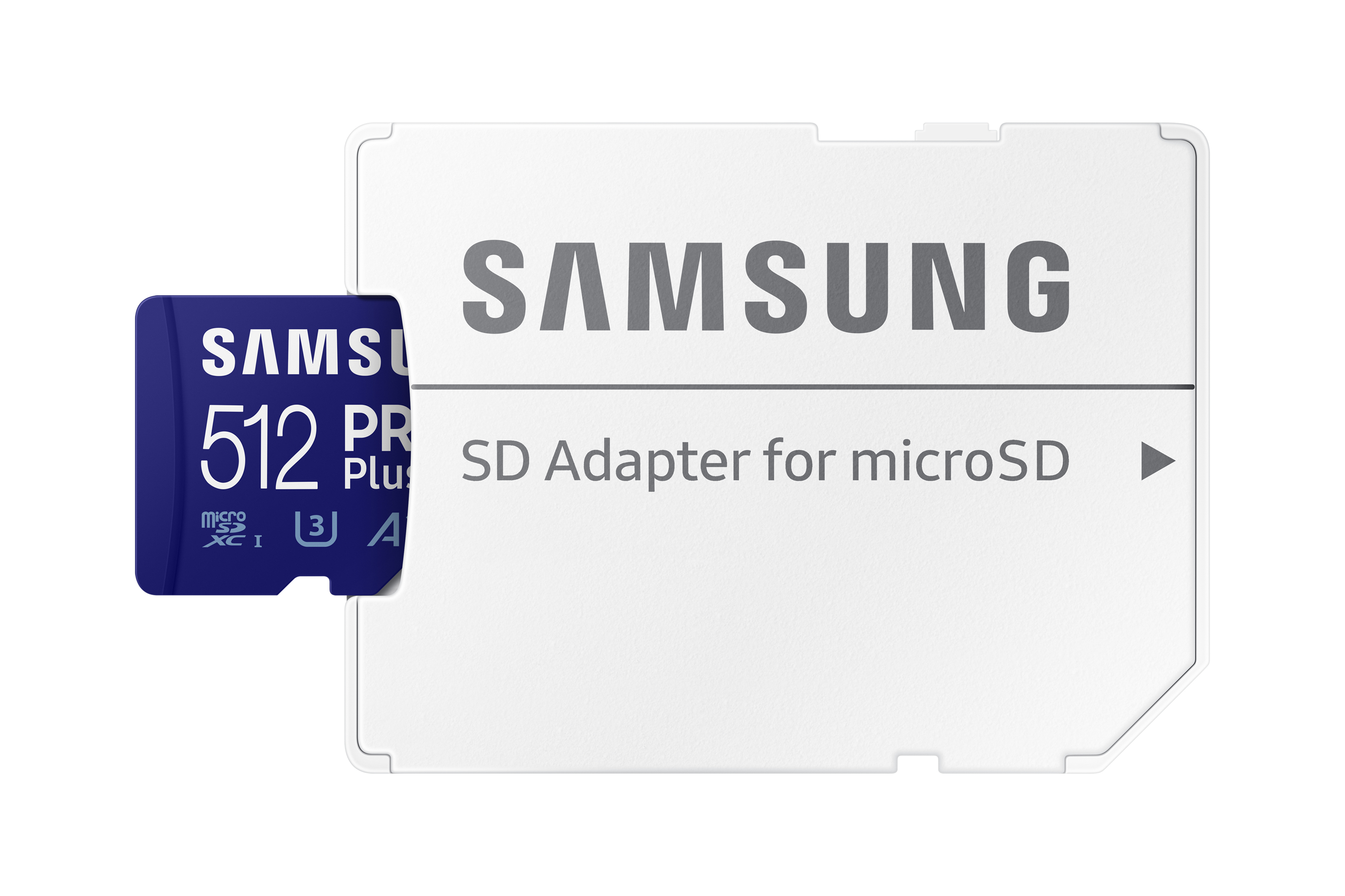 Karta microSD Samsung 512 GB z adapterem SD, na białym tle.