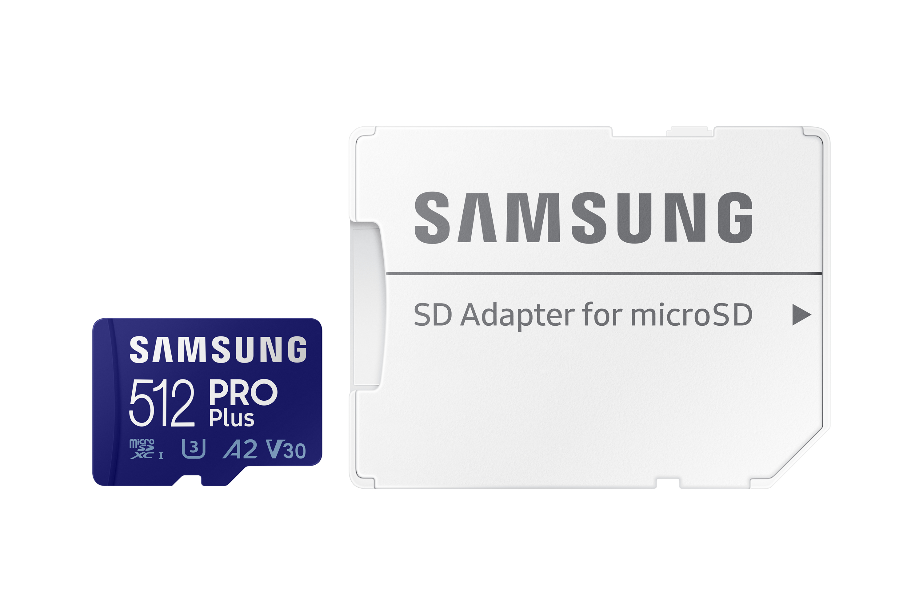 Karta microSD Samsung i adapter SD na białym tle.