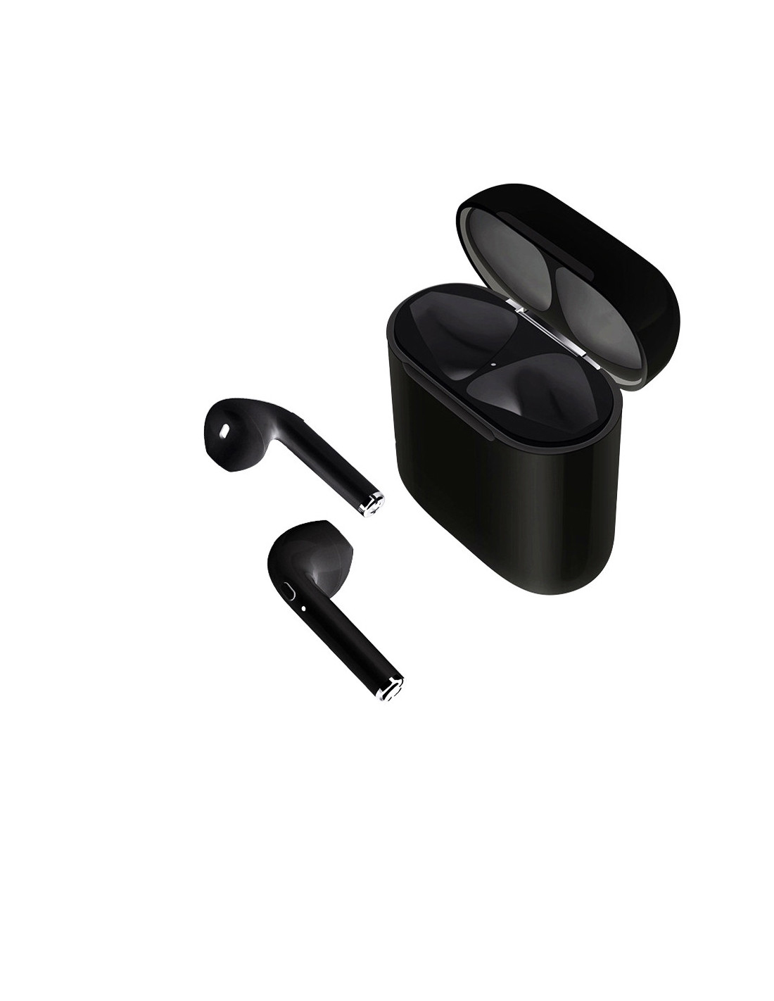 Auricolari wireless neri e custodia di ricarica su sfondo bianco.