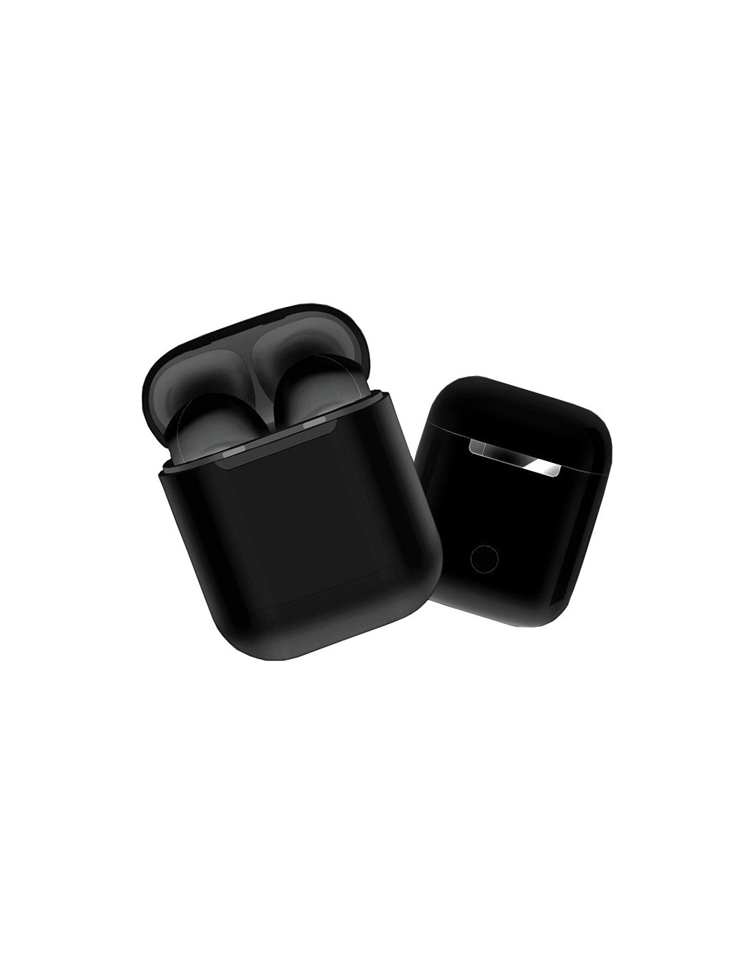 Due auricolari wireless neri in un astuccio di ricarica nero. L'astuccio è aperto, mostrando gli auricolari.