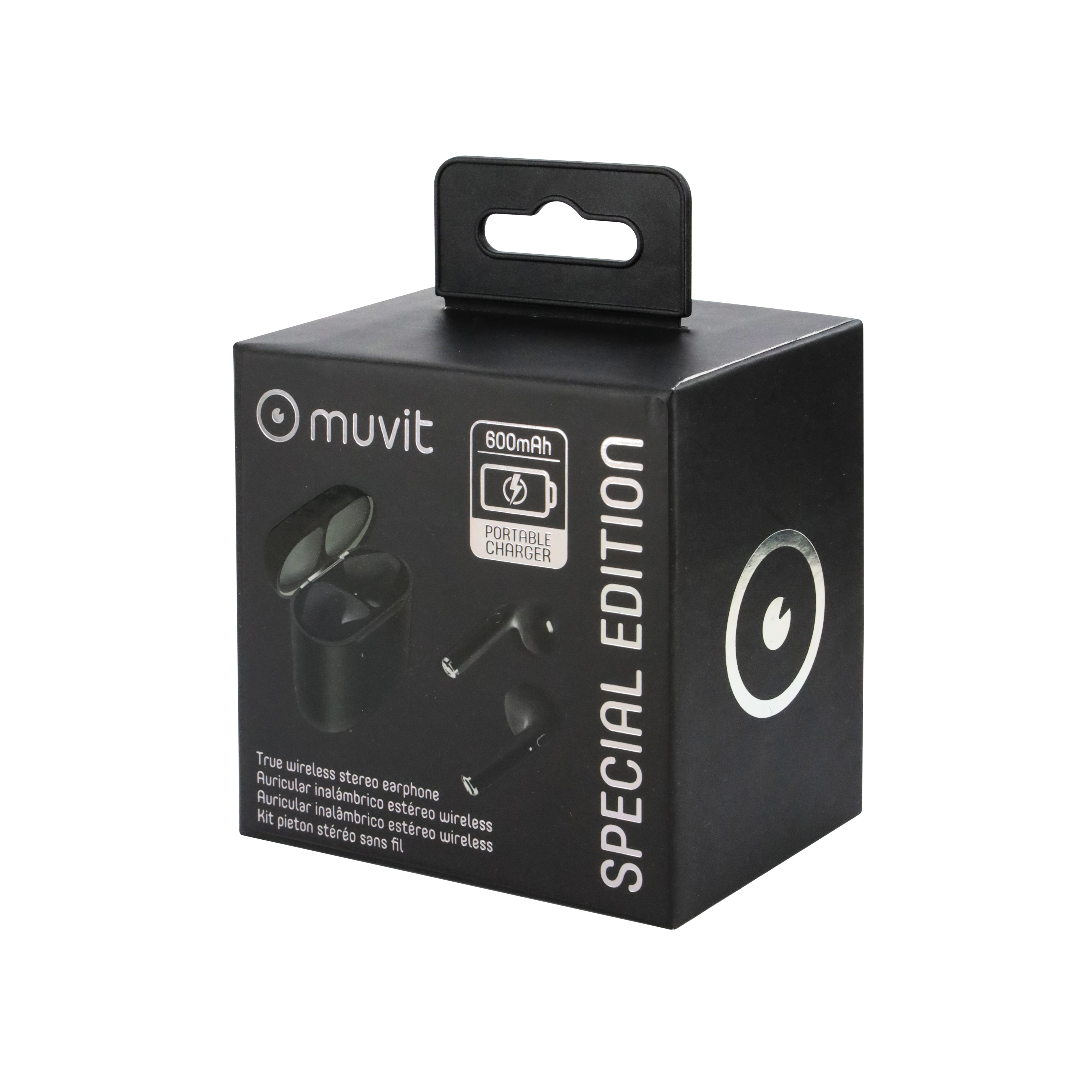 Una scatola nera di auricolari 'muvit', con un caricatore portatile e accessori.