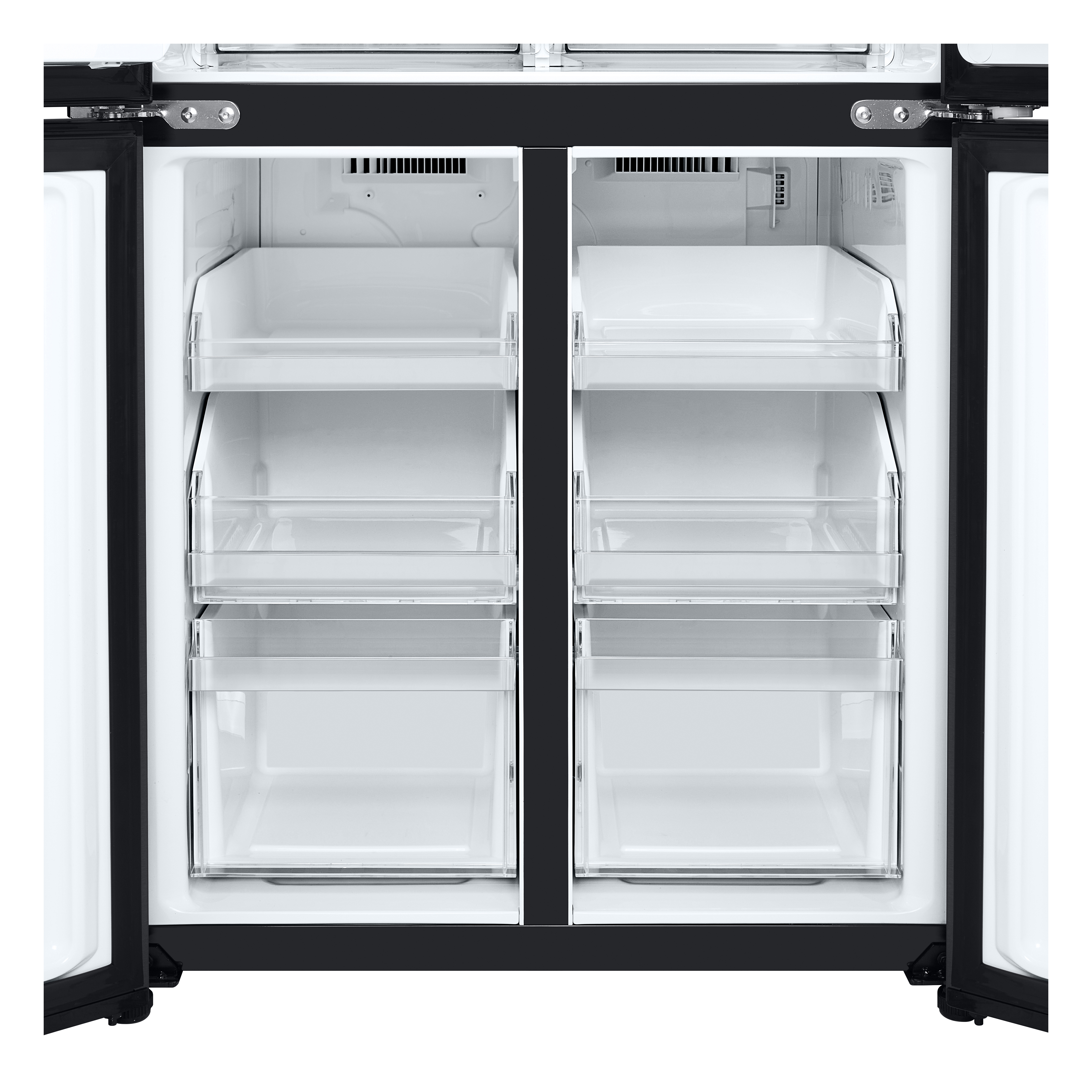 Ein offener Kühlschrank mit mehreren Schubladen und Regalen, helles Innere.