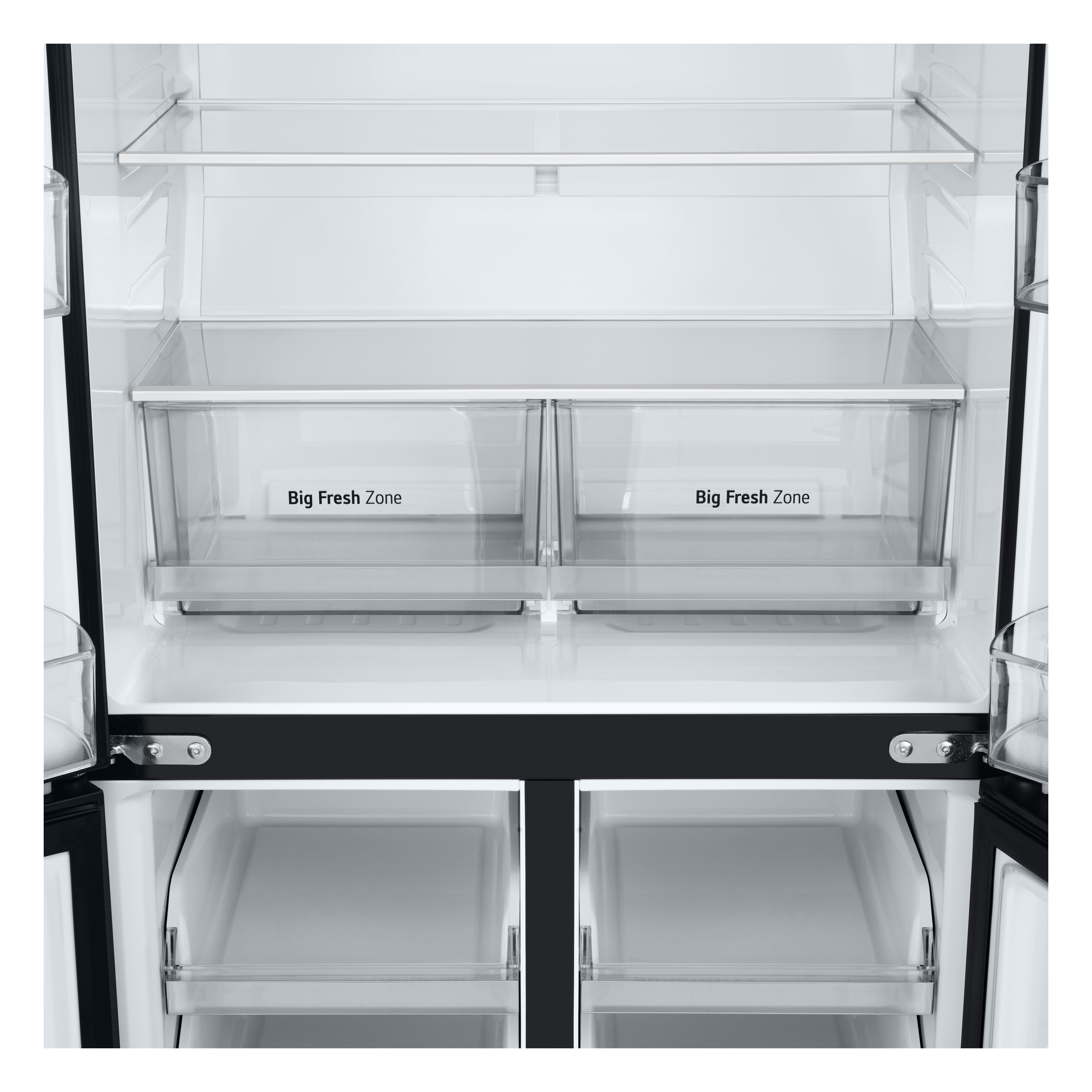 Innenseite eines Kühlschranks mit zwei Schubladen mit der Aufschrift Big Fresh Zone.