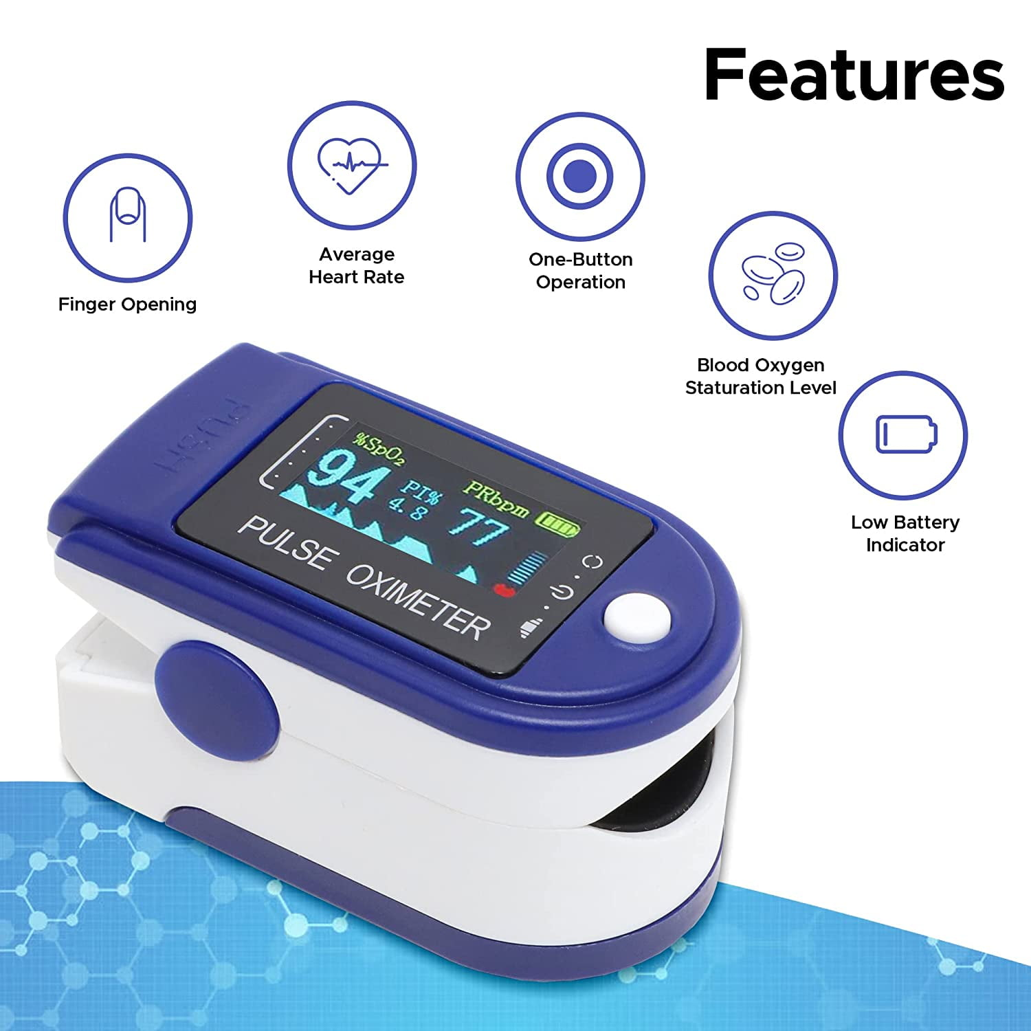 Blau-weißes Pulsoximeter mit Anzeige von SpO2- und PRbpm-Werten und Funktionssymbolen.