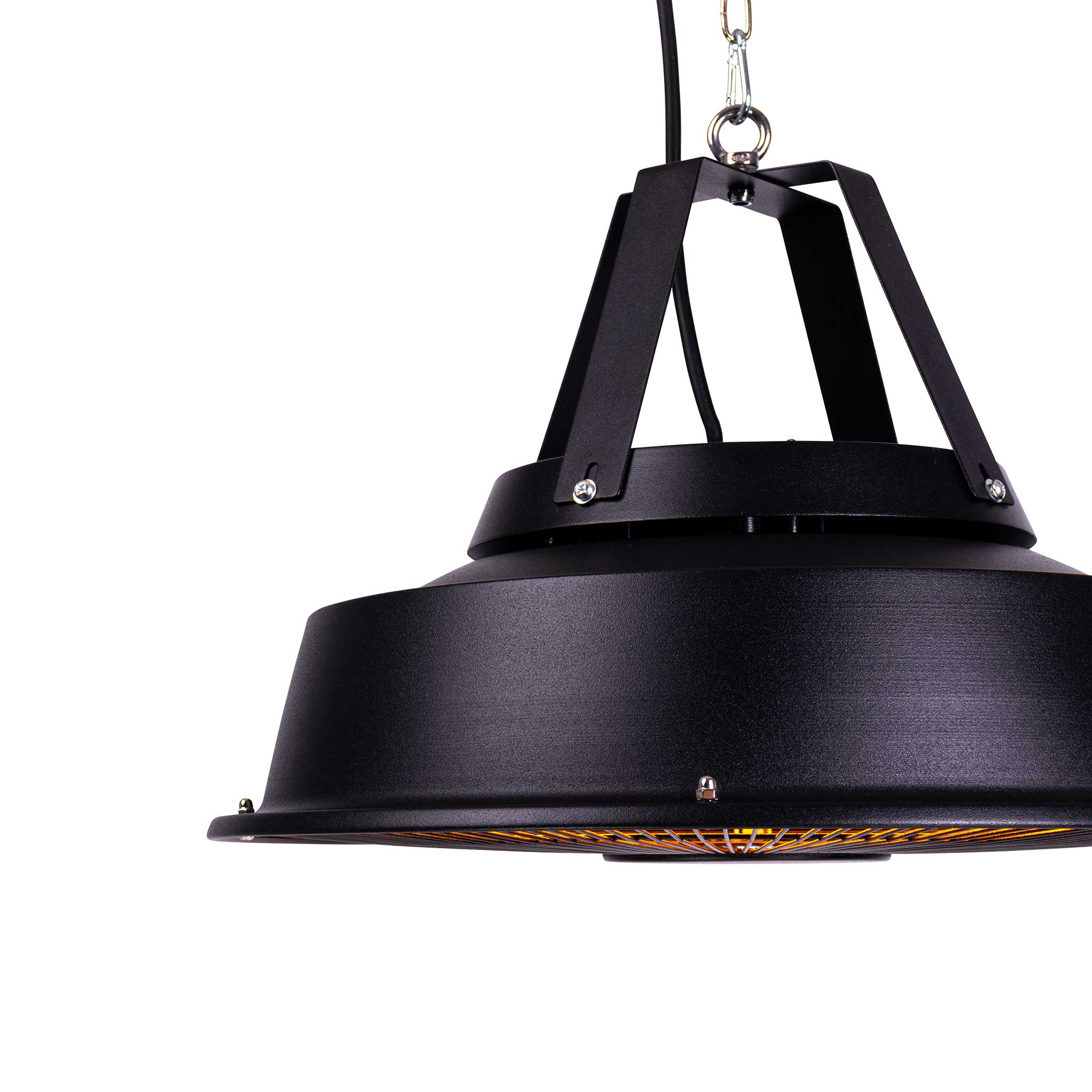 Eine schwarze, kreisförmige Hängelampe mit einem Mesh-Gitter und einer sichtbaren Lichtquelle.