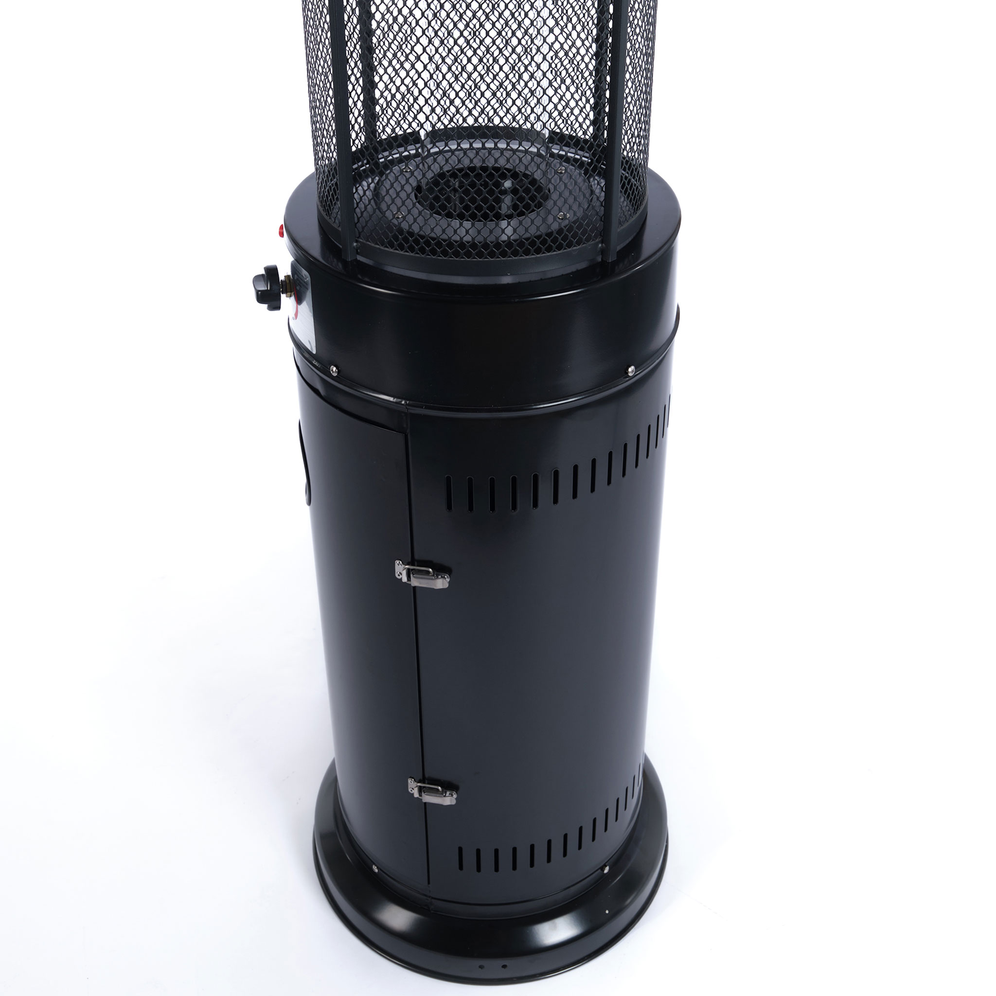 Czarny ogrzewacz zewnętrzny, cylindryczny, z siatkowym wierzchem. Białe tło, nowoczesny design.