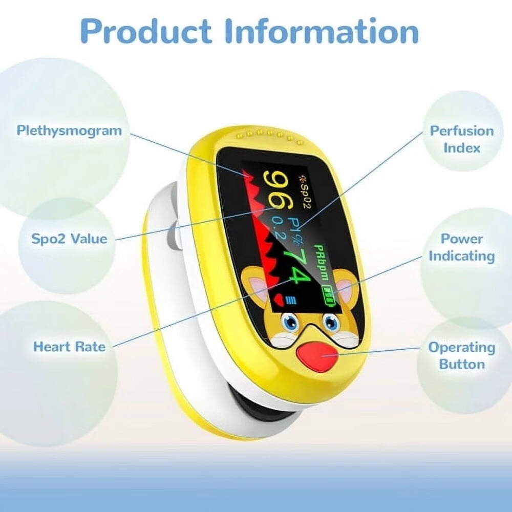 Gelbes Oximeter mit Bildschirm, der SpO2, Herzfrequenz und Perfusionsindex anzeigt.