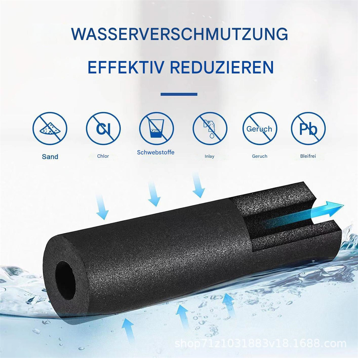 Ein schwarzer Wasserfilter-Ausschnitt mit Pfeilen, die den Filtrationsprozess zeigen. Es gibt Symbole.