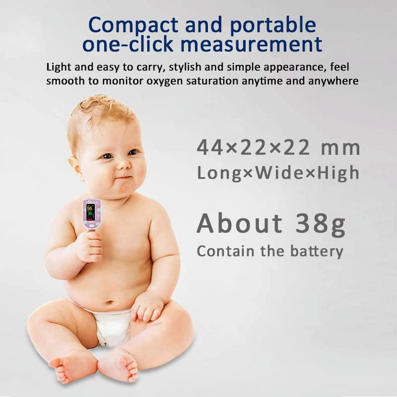 Baby hält Oximeter am Finger, Text: kompakt, tragbar, One-Click-Messung. Weißer Hintergrund.