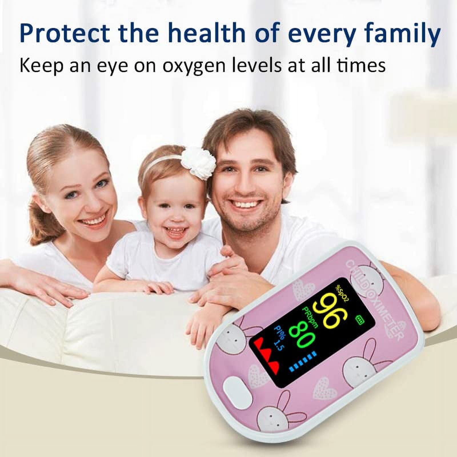 Familie mit Kind, die ein Oximeter benutzt. Das Oximeter zeigt Sauerstoffgehalt und Pulsfrequenz.