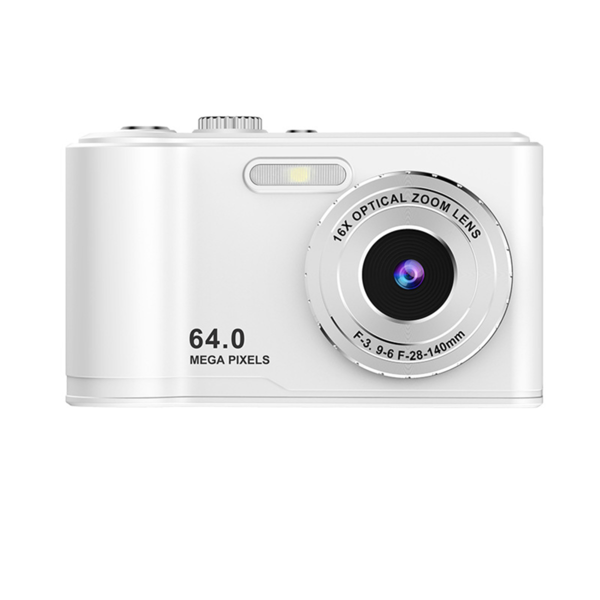 Eine weiße Digitalkamera mit schwarzem Objektiv. Sie hat '64,0 MEGA PIXEL' und '16X OPTISCHER ZOOM LENS'.