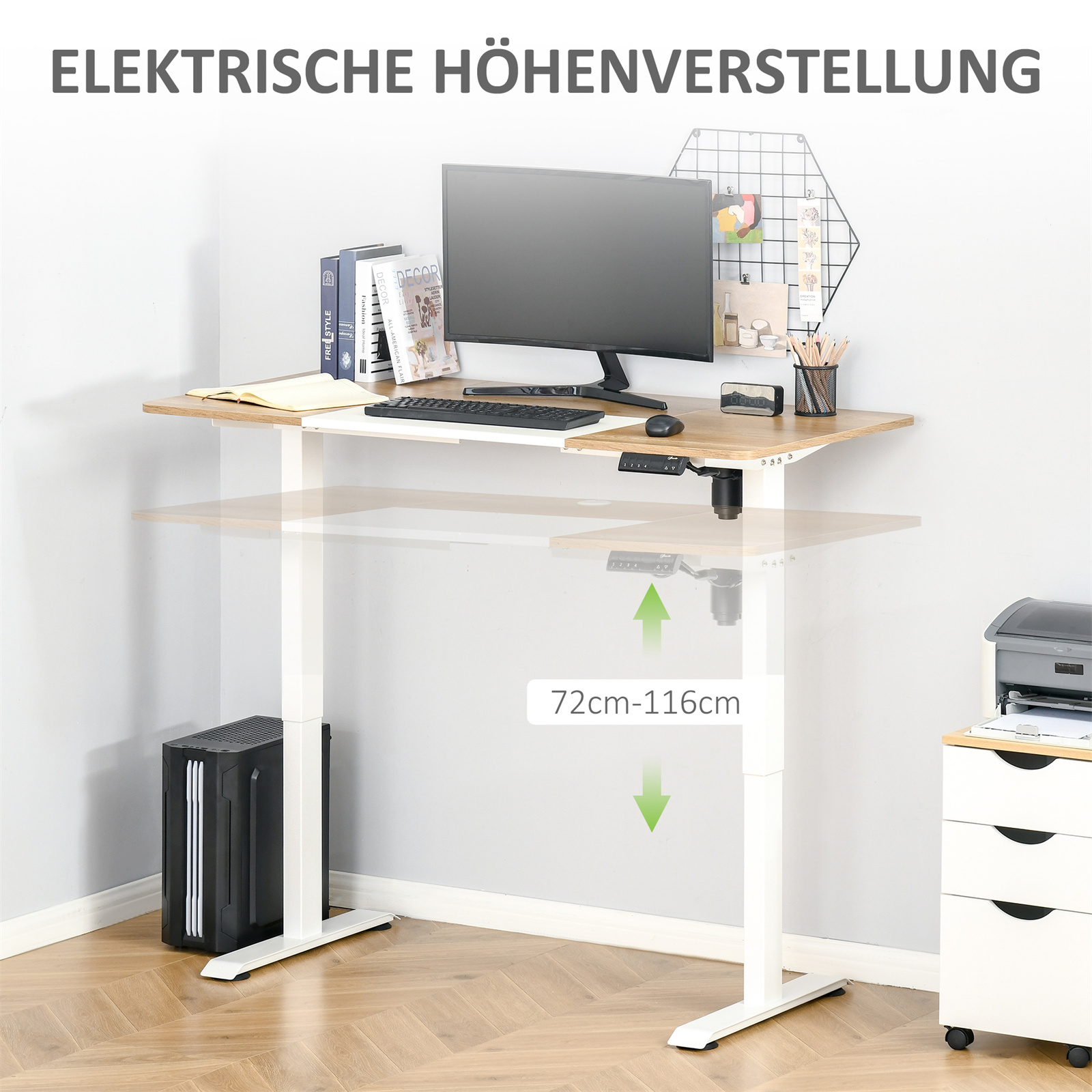 Höhenverstellbarer Schreibtisch mit Monitor, Tastatur und Zubehör. Zeigt einen Höhenbereich von 72-116 cm.