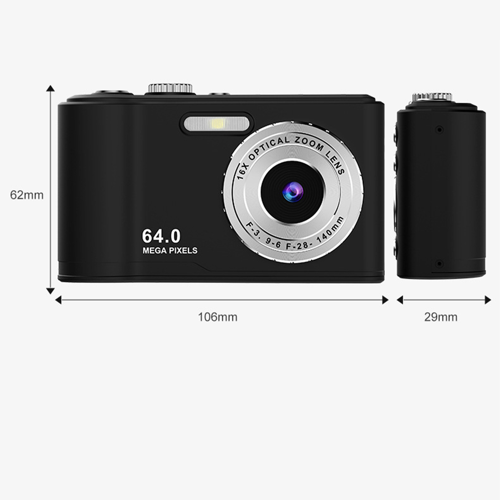Eine schwarze Digitalkamera mit Maßangaben. Die Kamera hat ein 16-fach-Zoomobjektiv und 64,0 Megapixel.