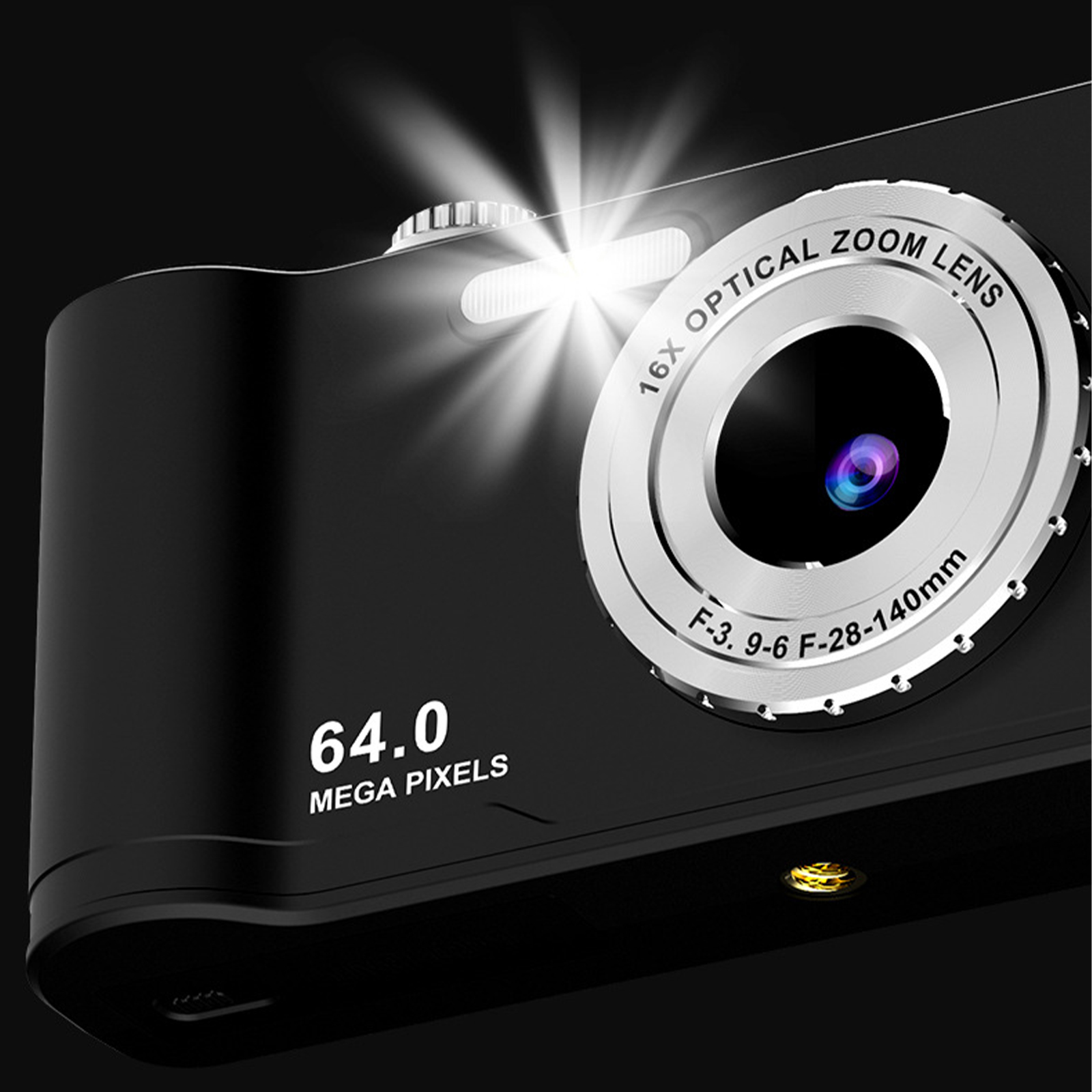 Schwarze Kamera mit Blitz oben. Sie hat ein Objektiv mit der Aufschrift '16X OPTICAL ZOOM LENS' und '64.0 MEGA PIXELS'.