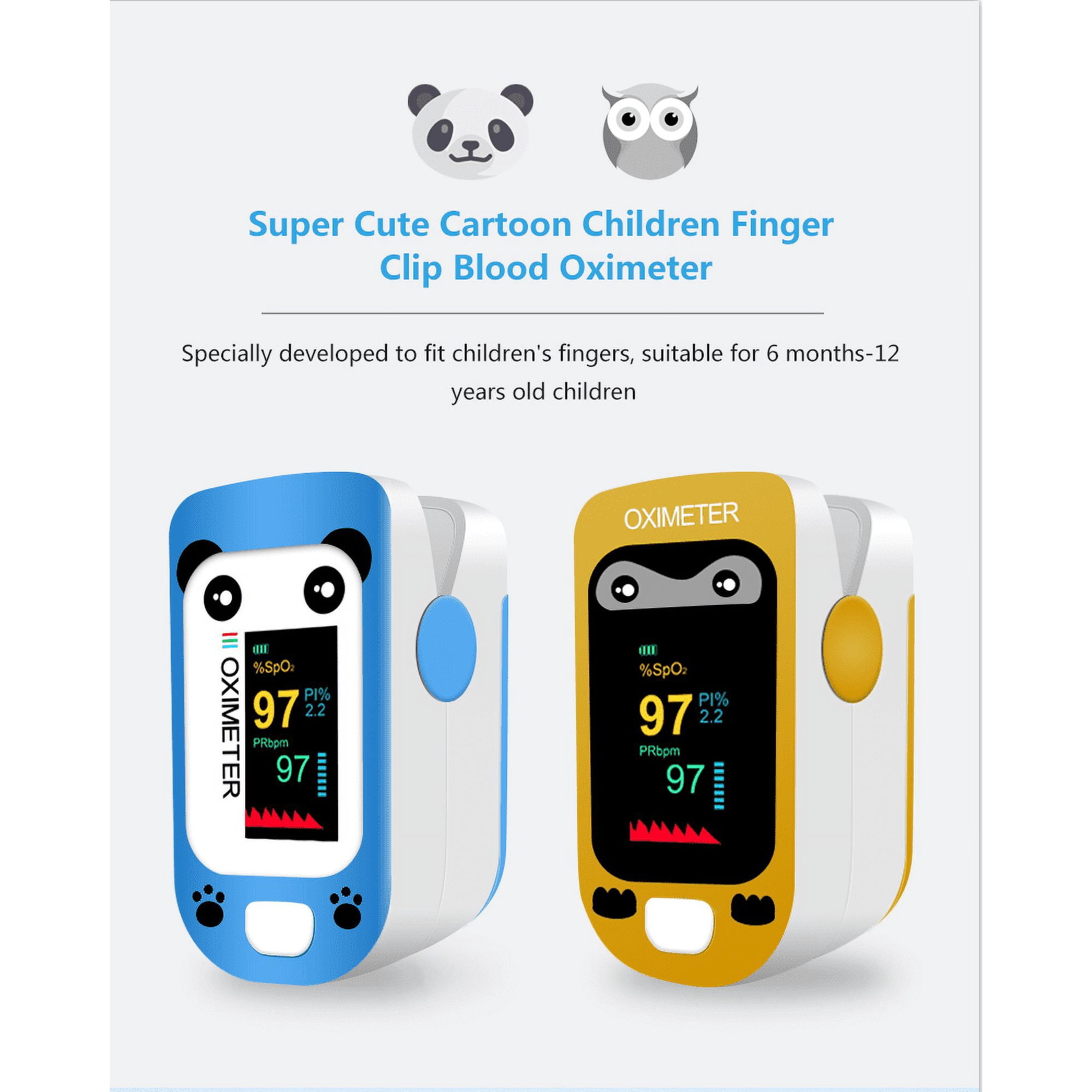 Zwei Cartoon-Oximeter, eines blau und eines gelb, mit Panda- und Eulen-Designs.