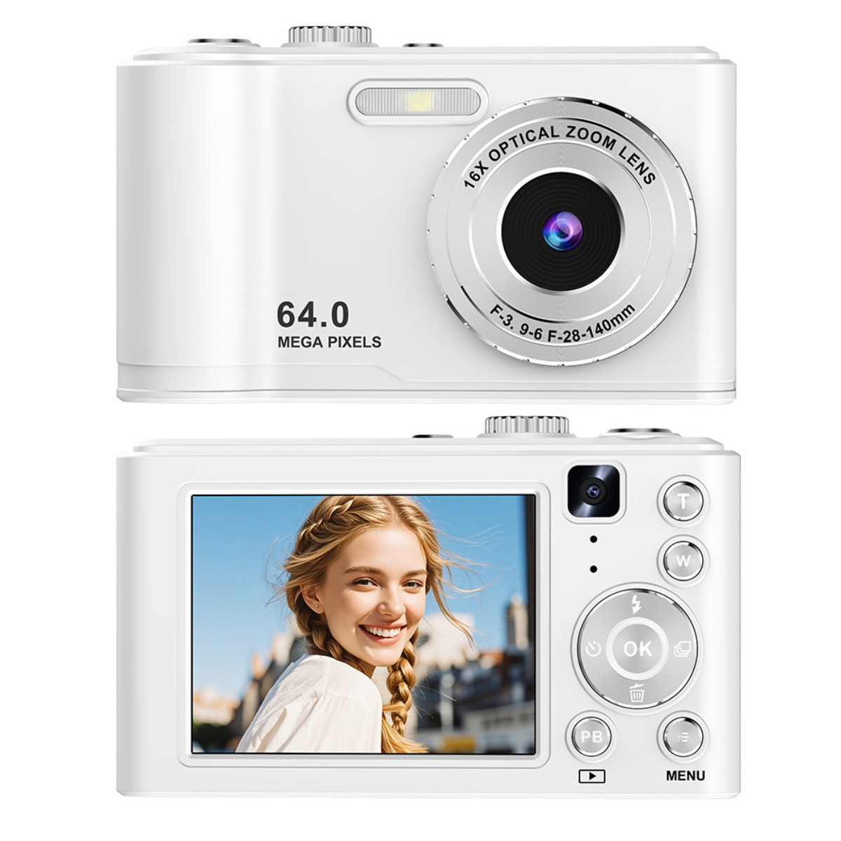 Weiße Digitalkamera mit Objektiv und Bildschirm. Es hat eine 64,0-Megapixel-Funktion.