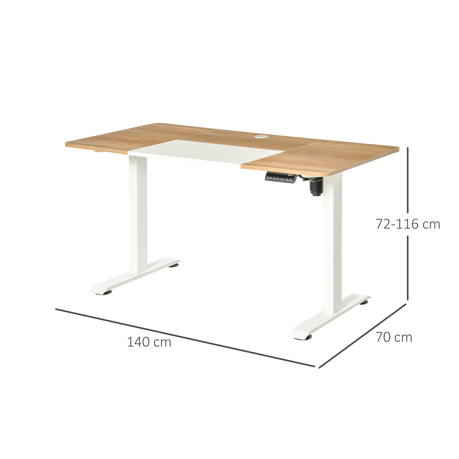 Ein höhenverstellbarer Schreibtisch, helles Holz, mit weißer Mitte und weißen Beinen. Abmessungen sind angegeben.