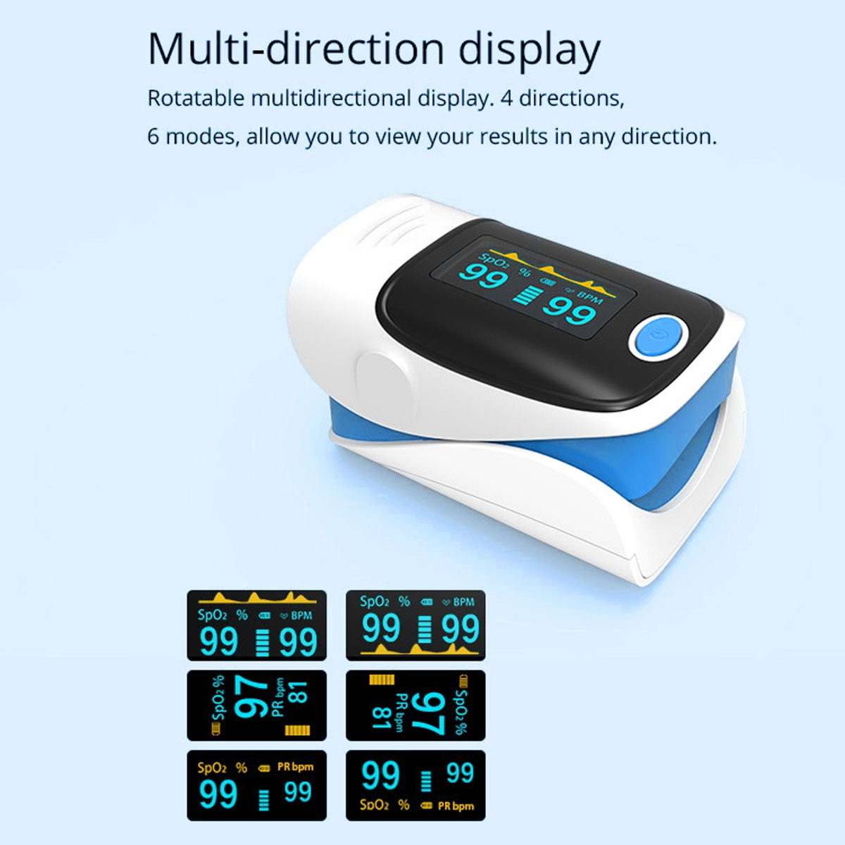 Pulsoximeter mit Display. Das Display zeigt SpO2- und BPM-Werte an. Der Hintergrund ist blau.