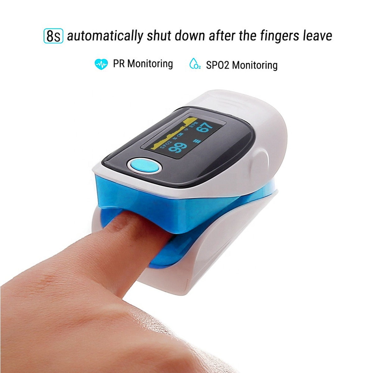 Ein Pulsoximeter an einem Finger. Das Gerät zeigt Sauerstoffsättigung und Puls an.