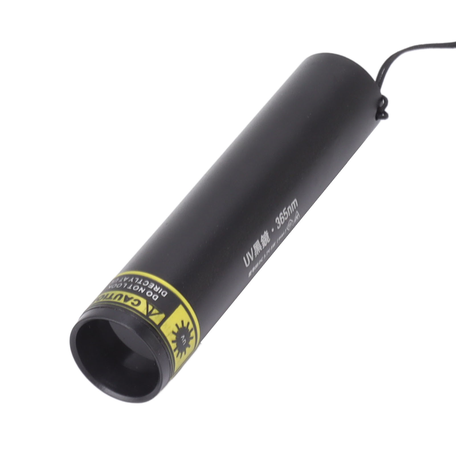 Schwarze UV-Taschenlampe mit Etikett auf weißem Hintergrund.